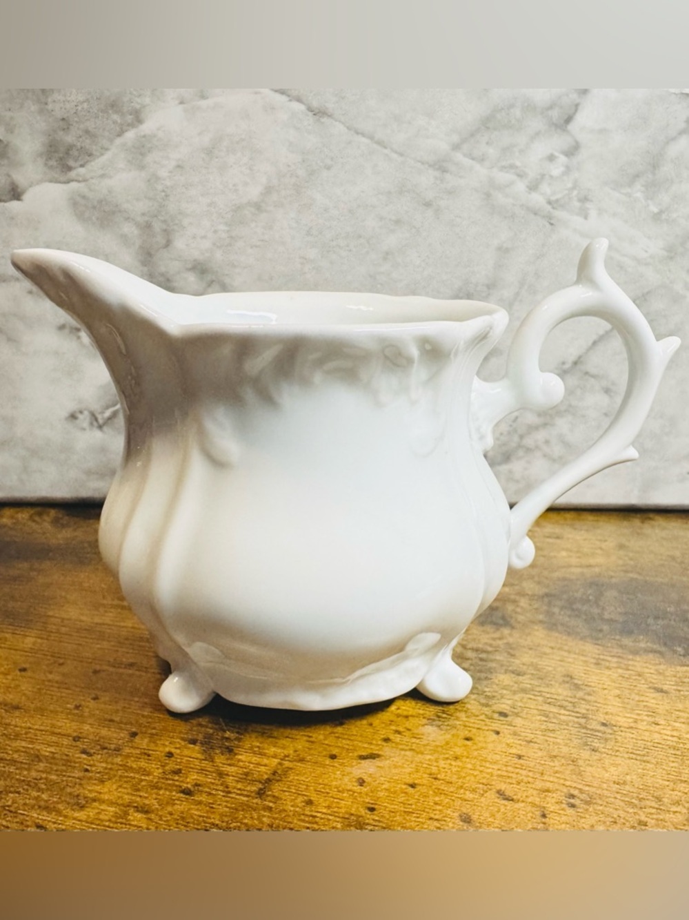 Godinger White Porcelain Footed Creamer Pitcher w Scroll Handle 5-6”